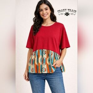 NWT Crazy Train Red Colorblock Southwestern Aztec Western Babydoll Size Medium